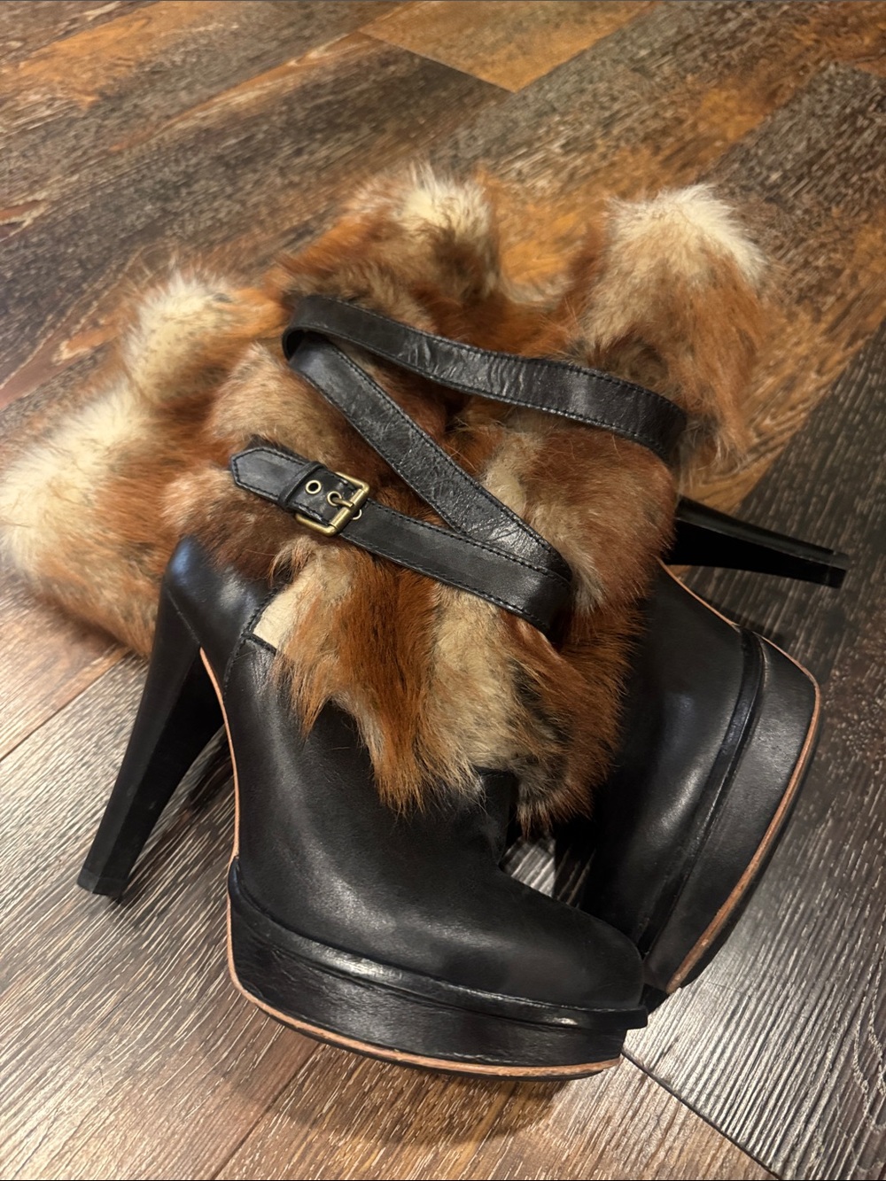 UGG Black Leather Platform Heeled Ankle Boots with Brown Fur Trim - Picture 3 of 5